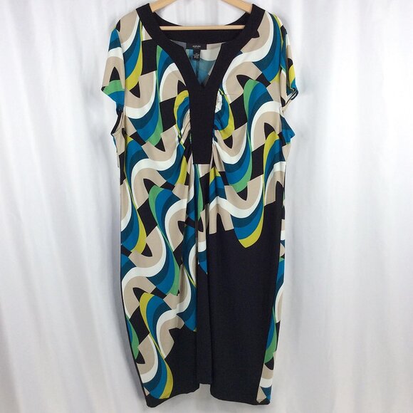 Alfani Geometric Stretch Womens 2X Dress Notch Neck Cap Sleeve Sheath Bodycon - Picture 2 of 8